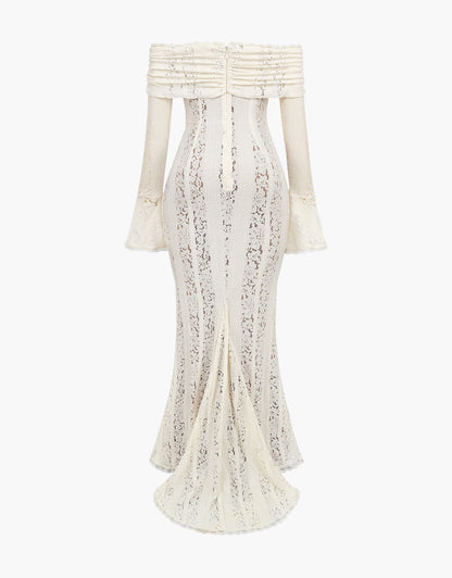 Maxi kanten jurk off-shoulder met ruches – Arwen