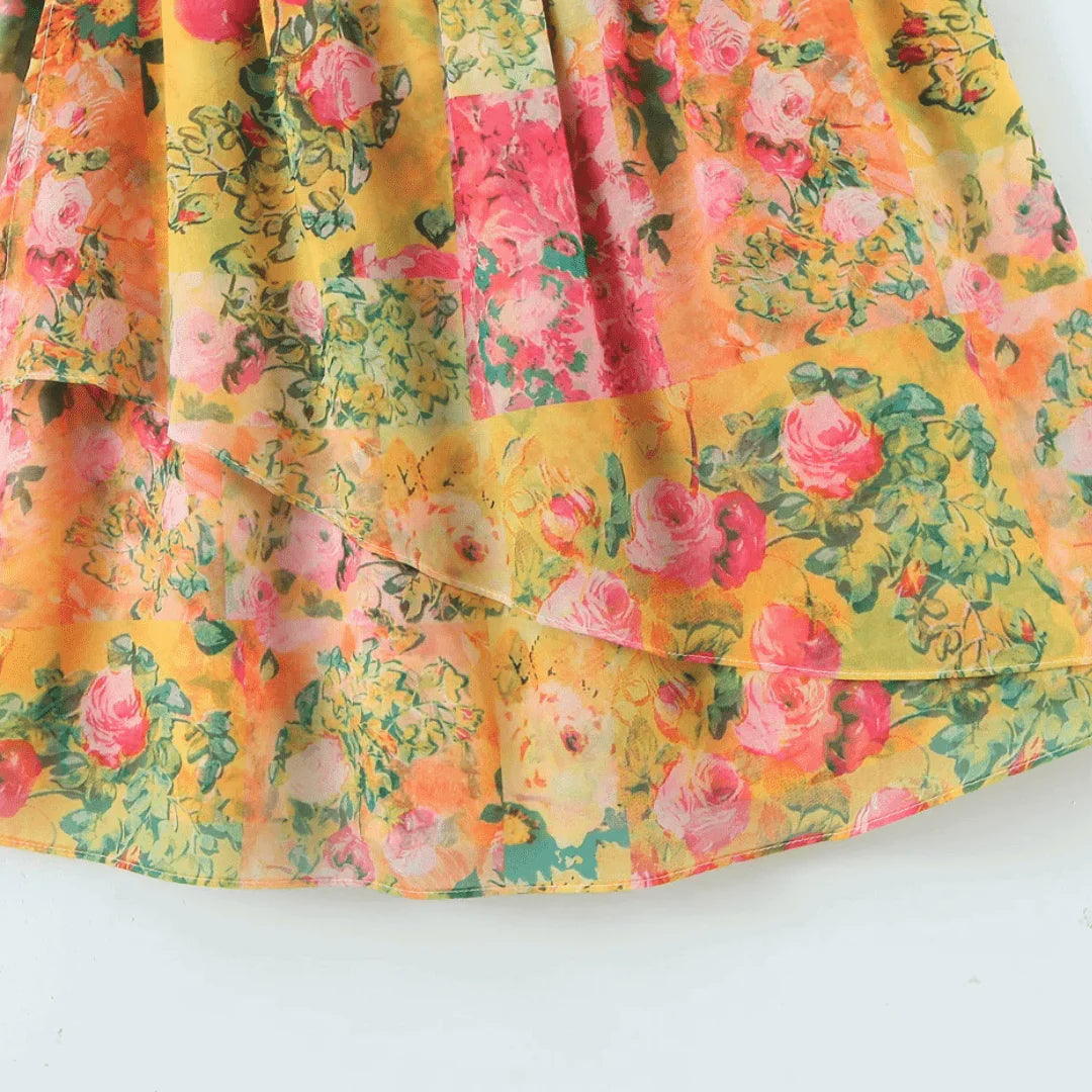 Chiffon midi jurk met strokenrok en trekkoord mouwen – Calista