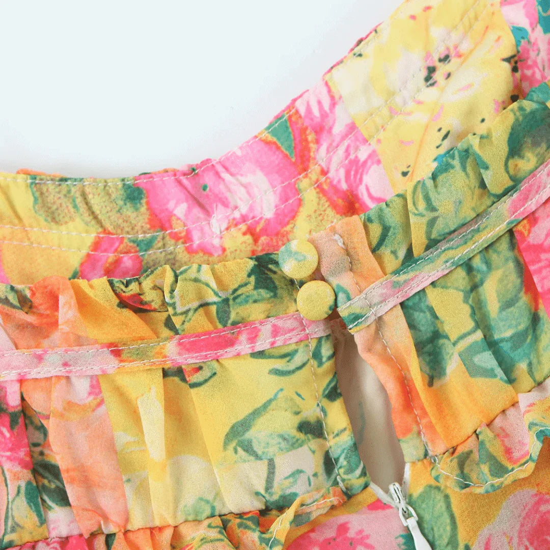 Chiffon midi jurk met strokenrok en trekkoord mouwen – Calista