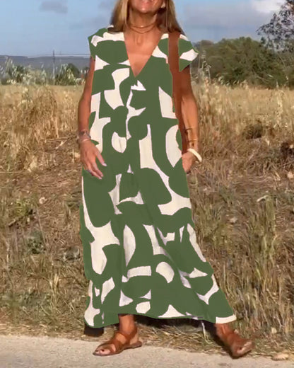 Dames Gedrukte Zomerjurk V-hals Elegant Comfort – Serina