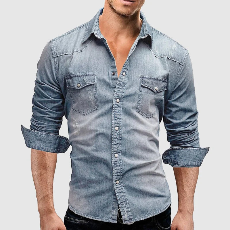 Heren Slim Fit Denim Overhemd met Borstzak – Tom