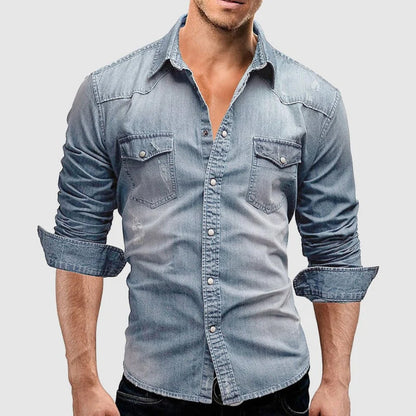 Heren Slim Fit Denim Overhemd met Borstzak – Tom