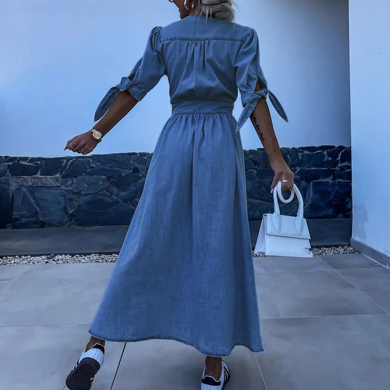 Denim maxi jurk dames V-hals split sexy – Rovira