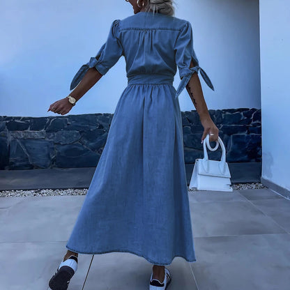 Denim maxi jurk dames V-hals split sexy – Rovira