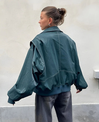 Oversized leren jas met stiksels en luxe afwerking – Varello