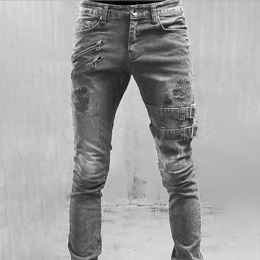 Gothische Buckle Slim Fit Tapse Jeans voor Heren - Raven