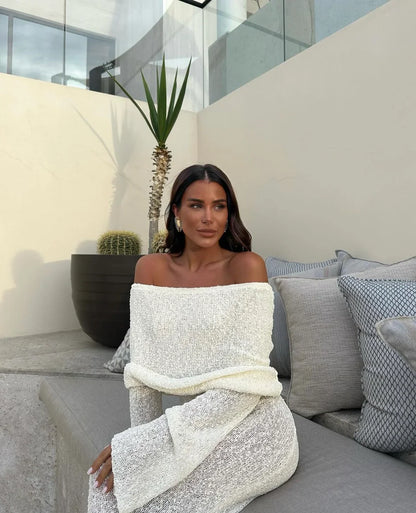 Off shoulder maxi jurk bouclé met flared mouwen – Noelle
