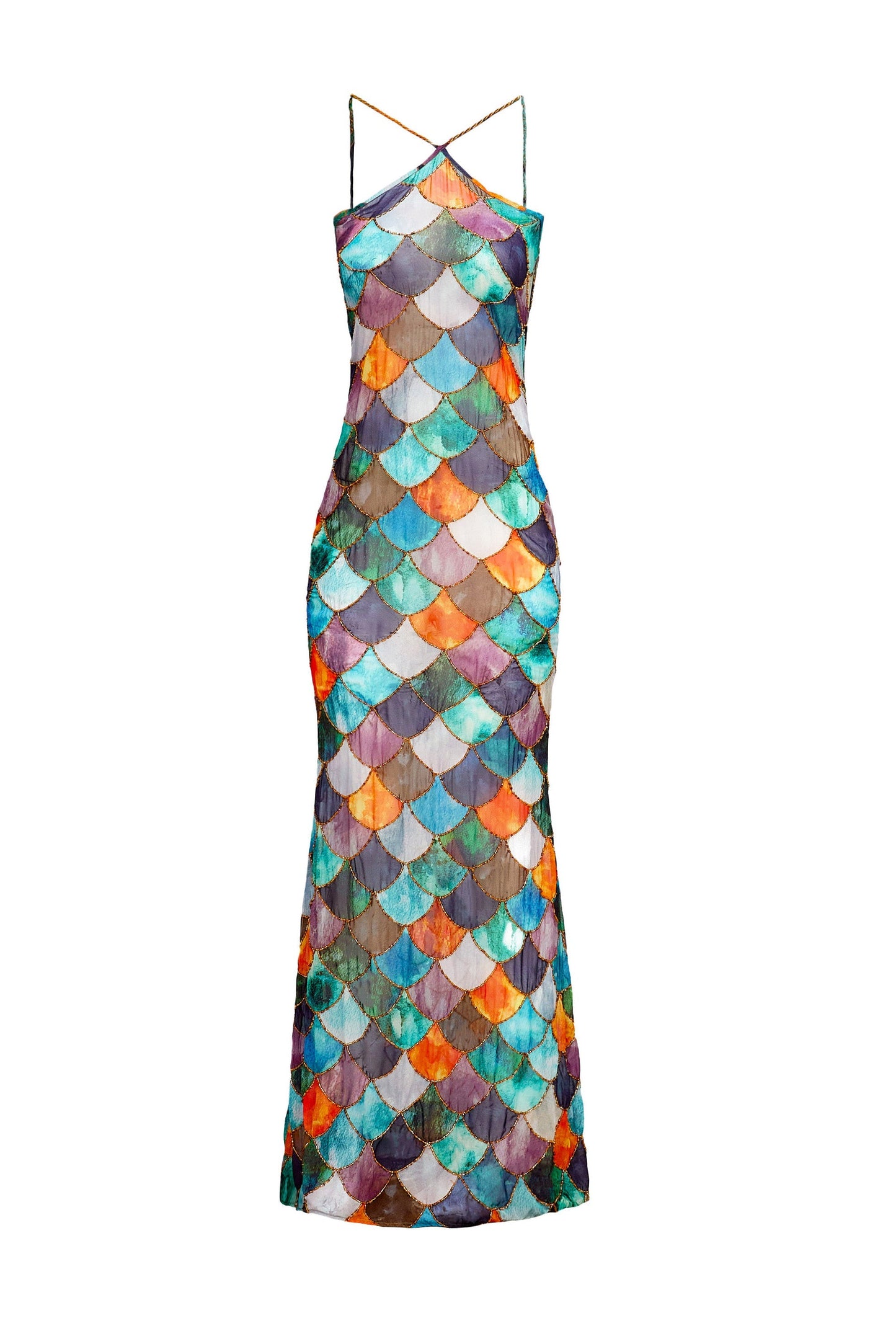 Kleurrijke halterjurk met chiffon en kralen – Nayola