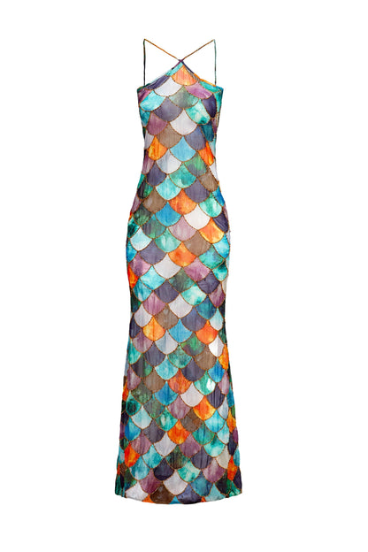 Kleurrijke halterjurk met chiffon en kralen – Nayola