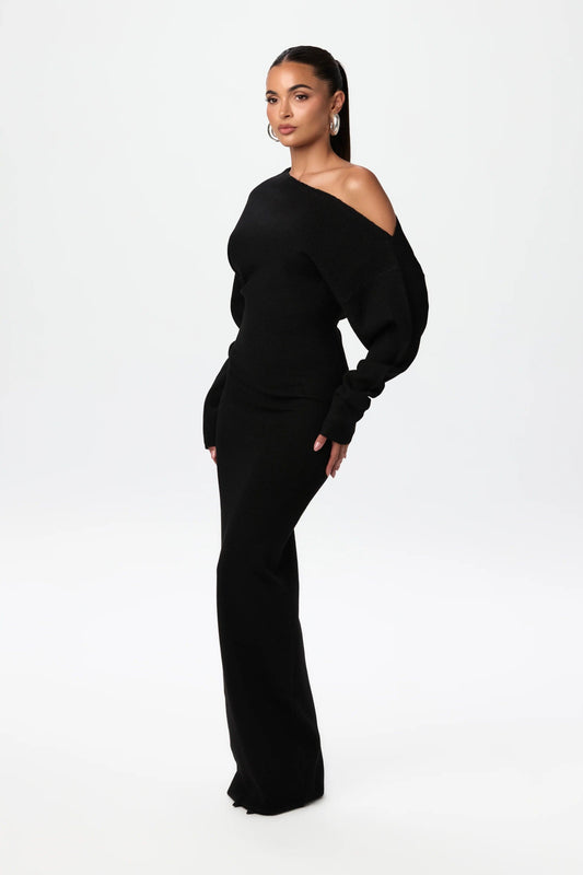 Gebreide off-shoulder maxi jurk met stretch – Serena