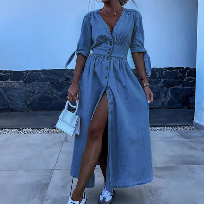 Denim maxi jurk dames V-hals split sexy – Rovira