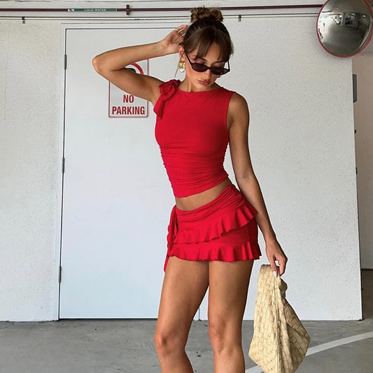 Rode crop top en rucherok set voor dames – Amara