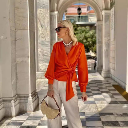 Oranje dames pullover met vetersluiting en lange mouwen – Zorella