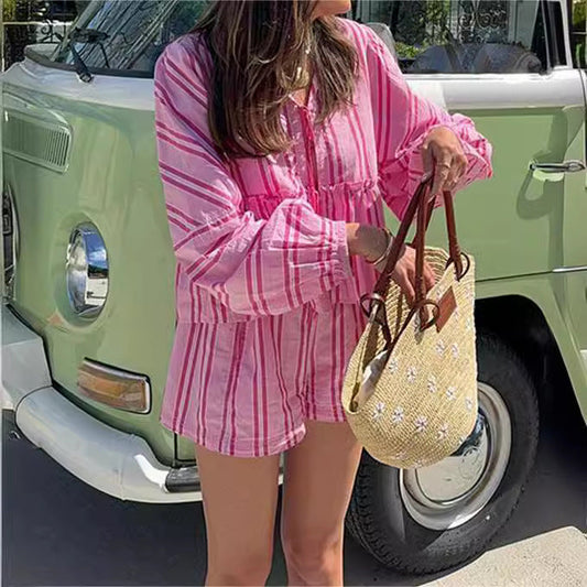 Gestreepte zomerset met ruffle top en short – Zoë