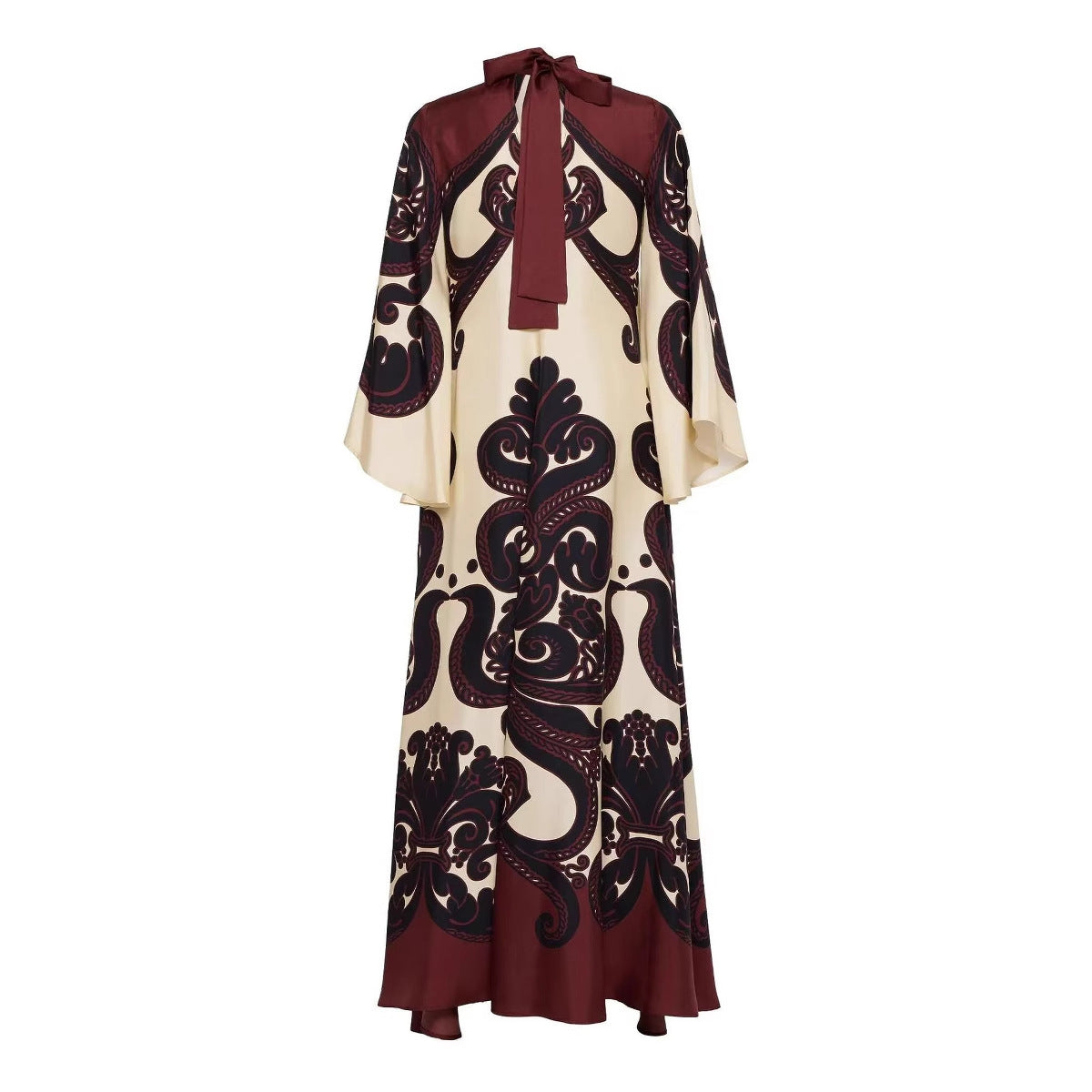 Satijnen maxi-jurk met print en watervalmouwen – Alurina