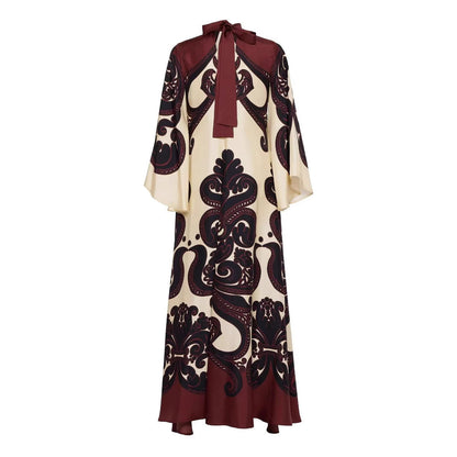Satijnen maxi-jurk met print en watervalmouwen – Alurina
