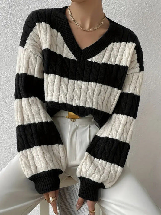 Gestreepte V-hals herfst/winter trui – Angela