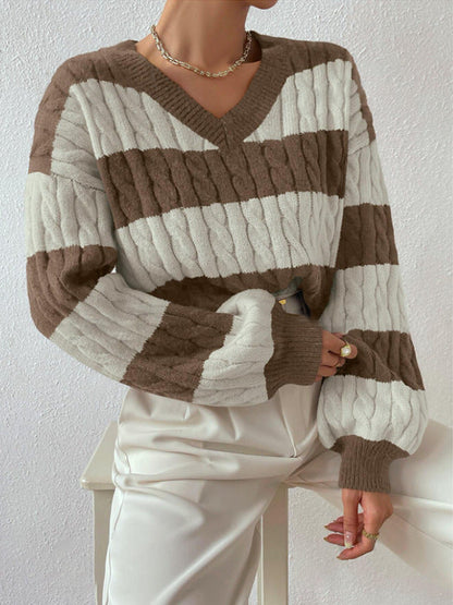 Gestreepte V-hals herfst/winter trui – Angela