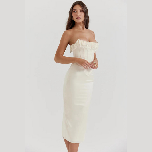 Maxi avondjurk met pareldetails voor dames – Yasmin