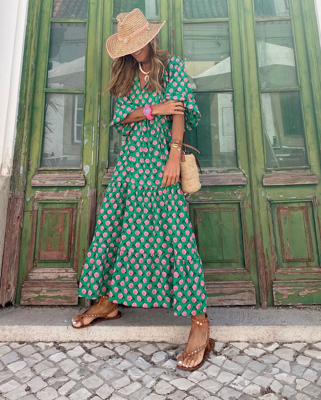 Lange bohemian zomerjurk met V-hals – Fleur