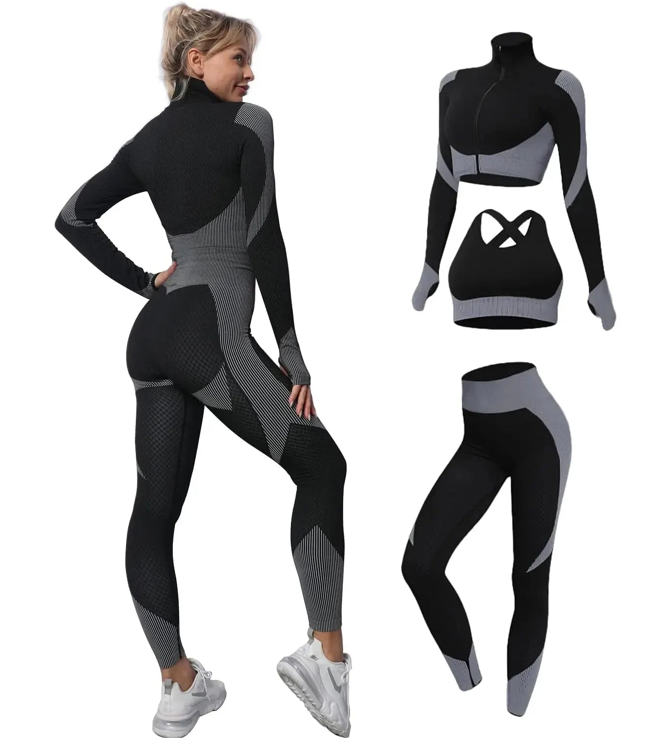 3-Delig Naadloos Dames Sportset met Patchwork Design – Sylvara