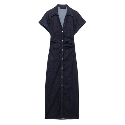Denim midi jurk met knoopsluiting en zakken dames – Roxanne