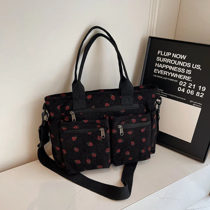 Corduroy tote bag met aardbeienprint voor dames – Livari