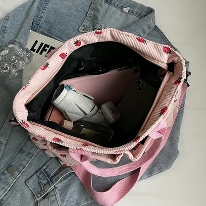 Corduroy tote bag met aardbeienprint voor dames – Livari