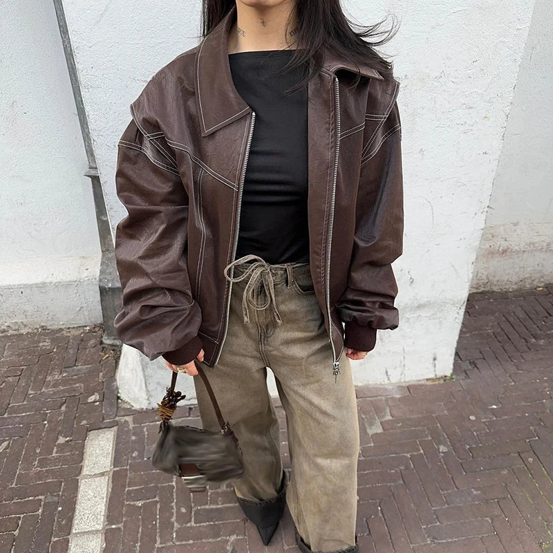 Oversized leren jas met stiksels en luxe afwerking – Varello