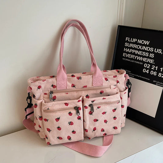 Corduroy tote bag met aardbeienprint voor dames – Livari