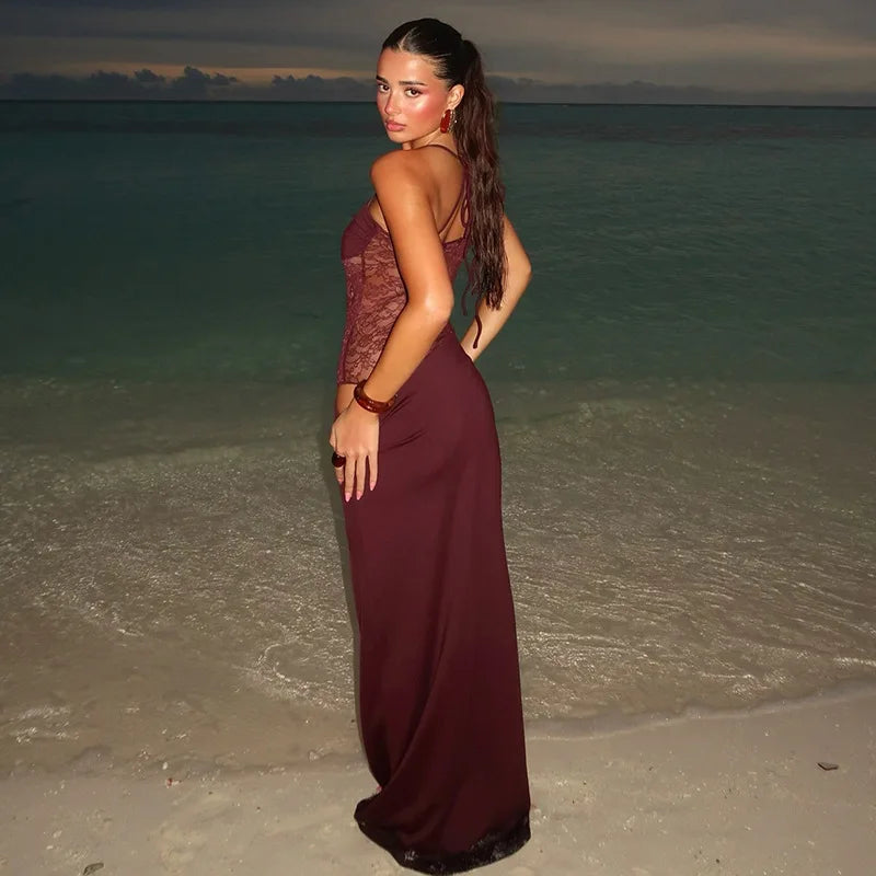 Lace maxi jurk met bandeau top en kanten taille – Alviera