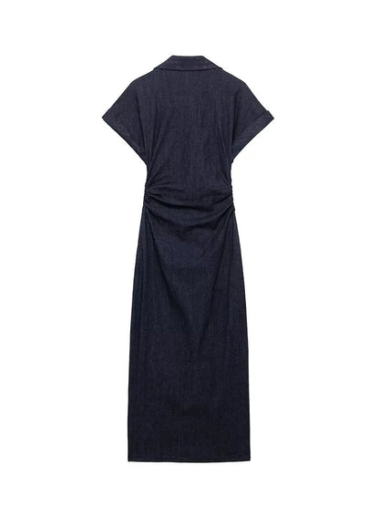 Denim midi jurk met knoopsluiting en zakken dames – Roxanne