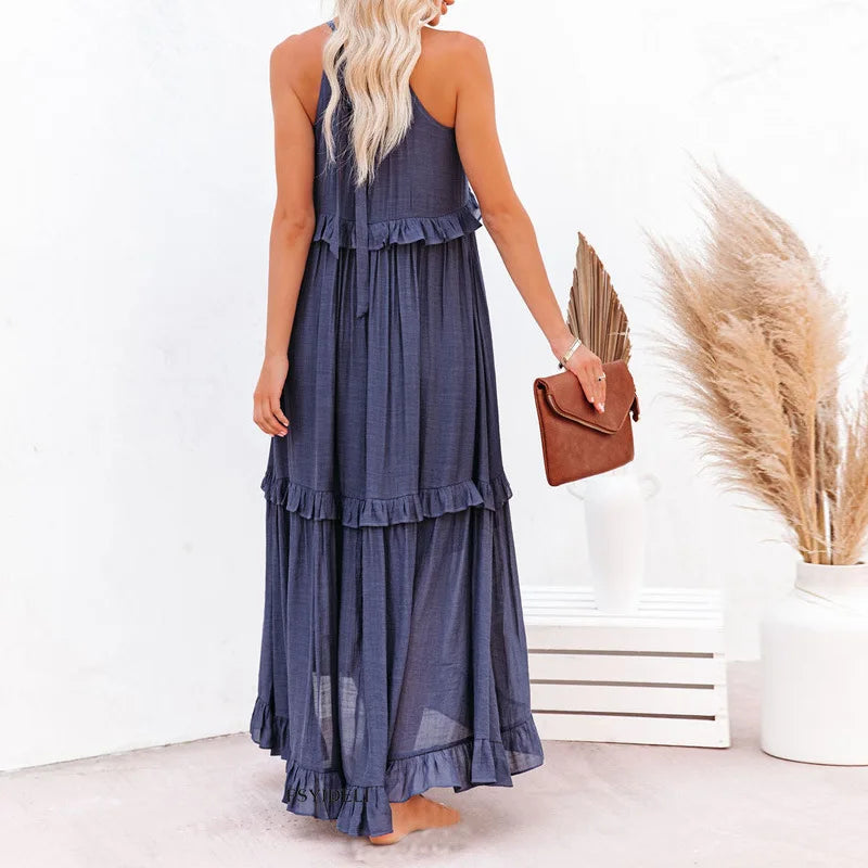 Maxi Halterjurk met Ruffles en Elegante Pasvorm – Sarah