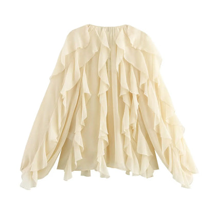 V-hals blouse met volants en luchtige pasvorm – Selina