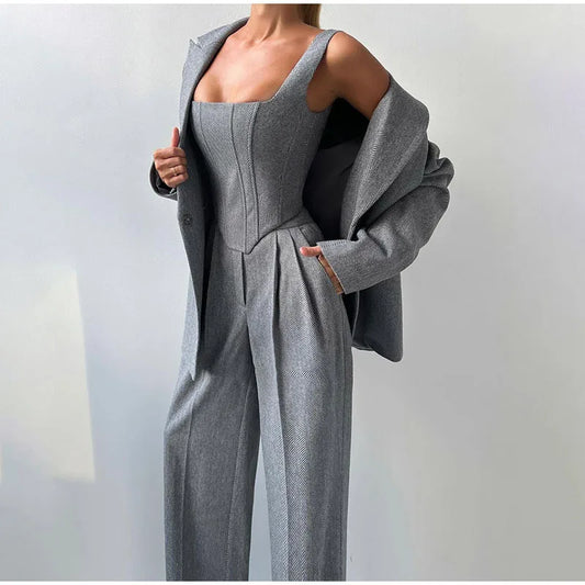 Visgraat top, jas en broek set voor dames – Olivia