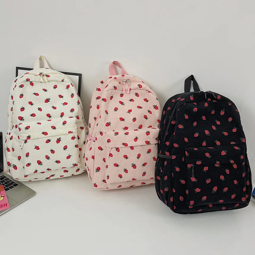 Corduroy rugzak met aardbeiprint en laptopvak – Frezana