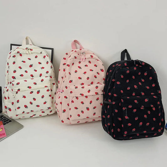Corduroy rugzak met aardbeiprint en laptopvak – Frezana