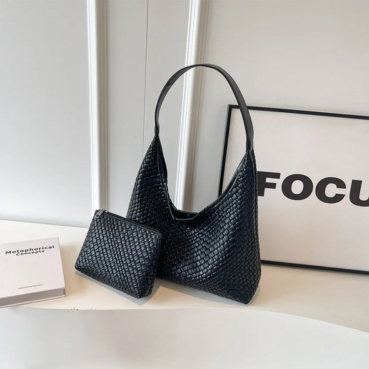 Gevlochten vegan tote bag met pouch voor dames – Alvaya