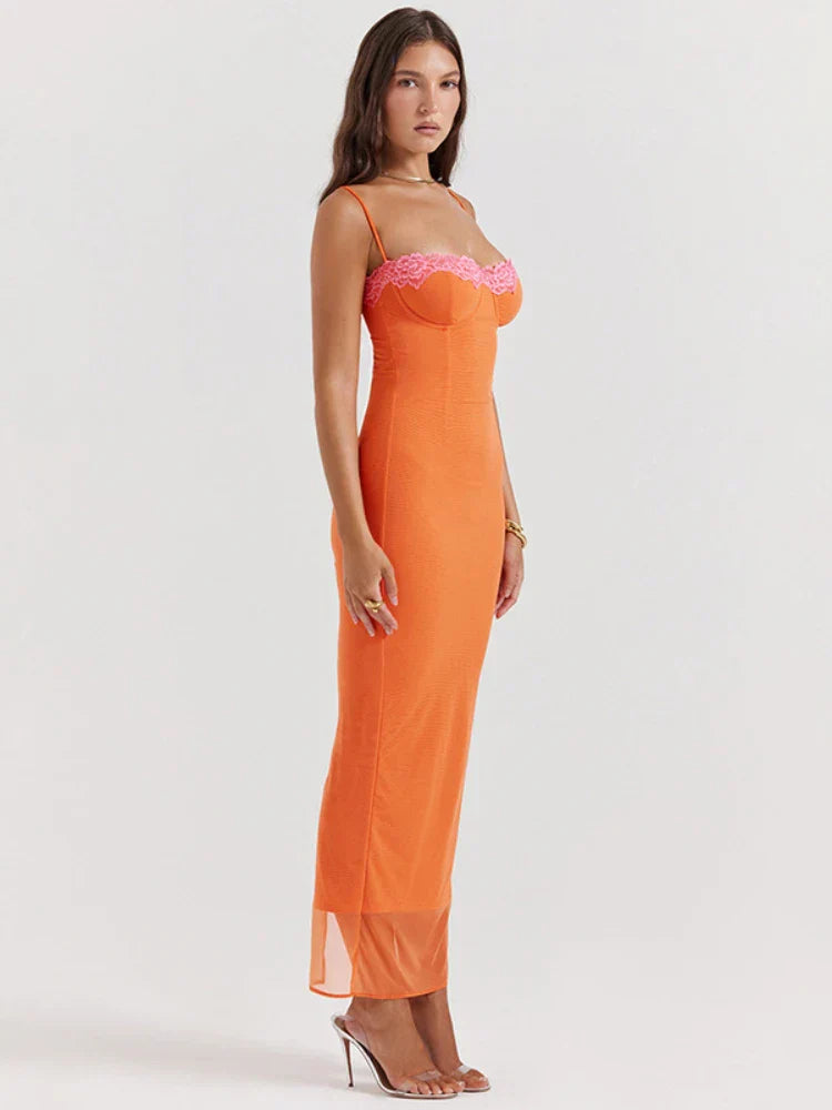 Lange kanten maxi-jurk voor dames in oranje – Amalya