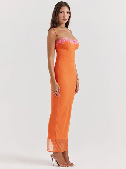 Lange kanten maxi-jurk voor dames in oranje – Amalya