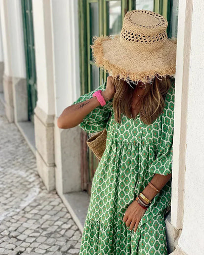 Lange bohemian zomerjurk met V-hals – Fleur