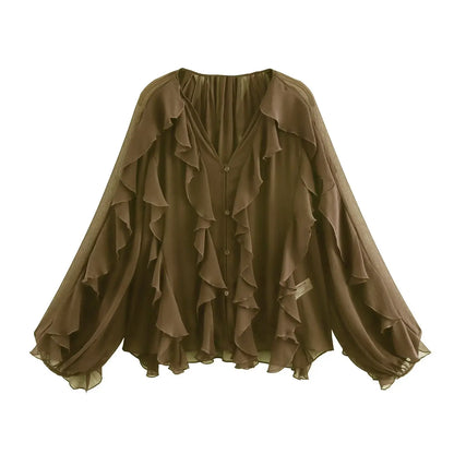 V-hals blouse met volants voor dames – Melis