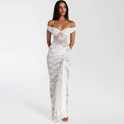 Kanten off-shoulder galajurk met drapering – Isolde