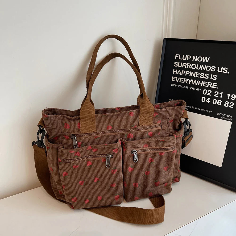 Corduroy tote bag met aardbeienprint voor dames – Livari