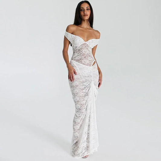 Kanten off-shoulder galajurk met drapering – Isolde