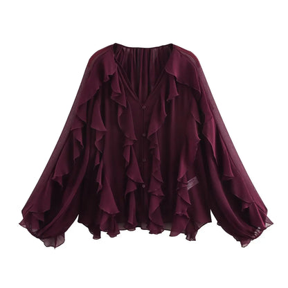 V-hals blouse met volants voor dames – Melis