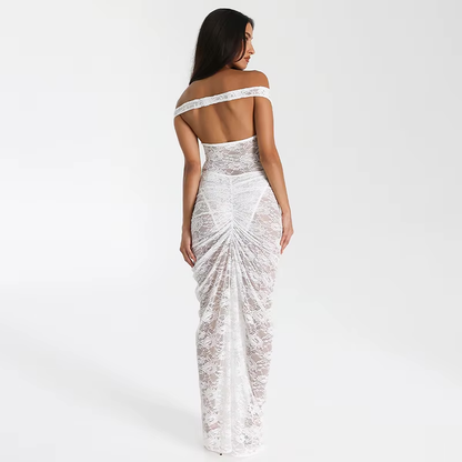 Luxe off-shoulder kanten avondjurk met drapering – Elissara