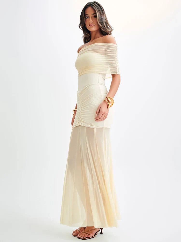 Off shoulder maxi jurk met mesh overlay en ruches – Seraphine