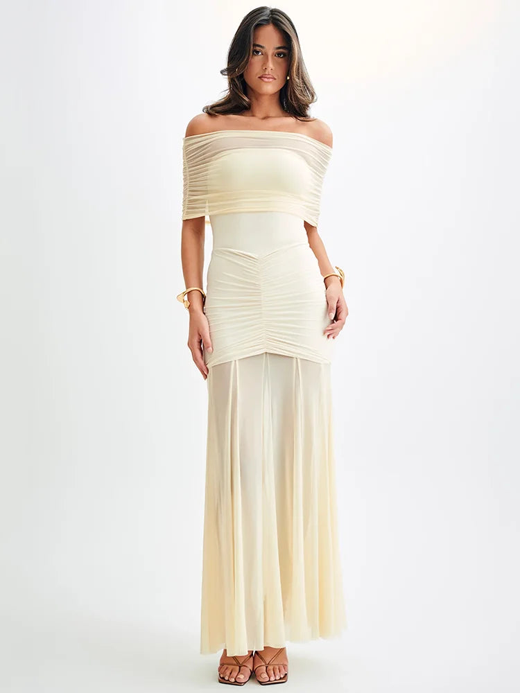 Off shoulder maxi jurk met mesh overlay en ruches – Seraphine