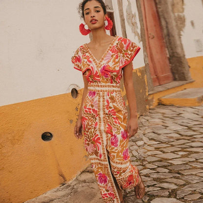 Maxi zomerjurk met bloemenprint en volantmouwen dames – Solara